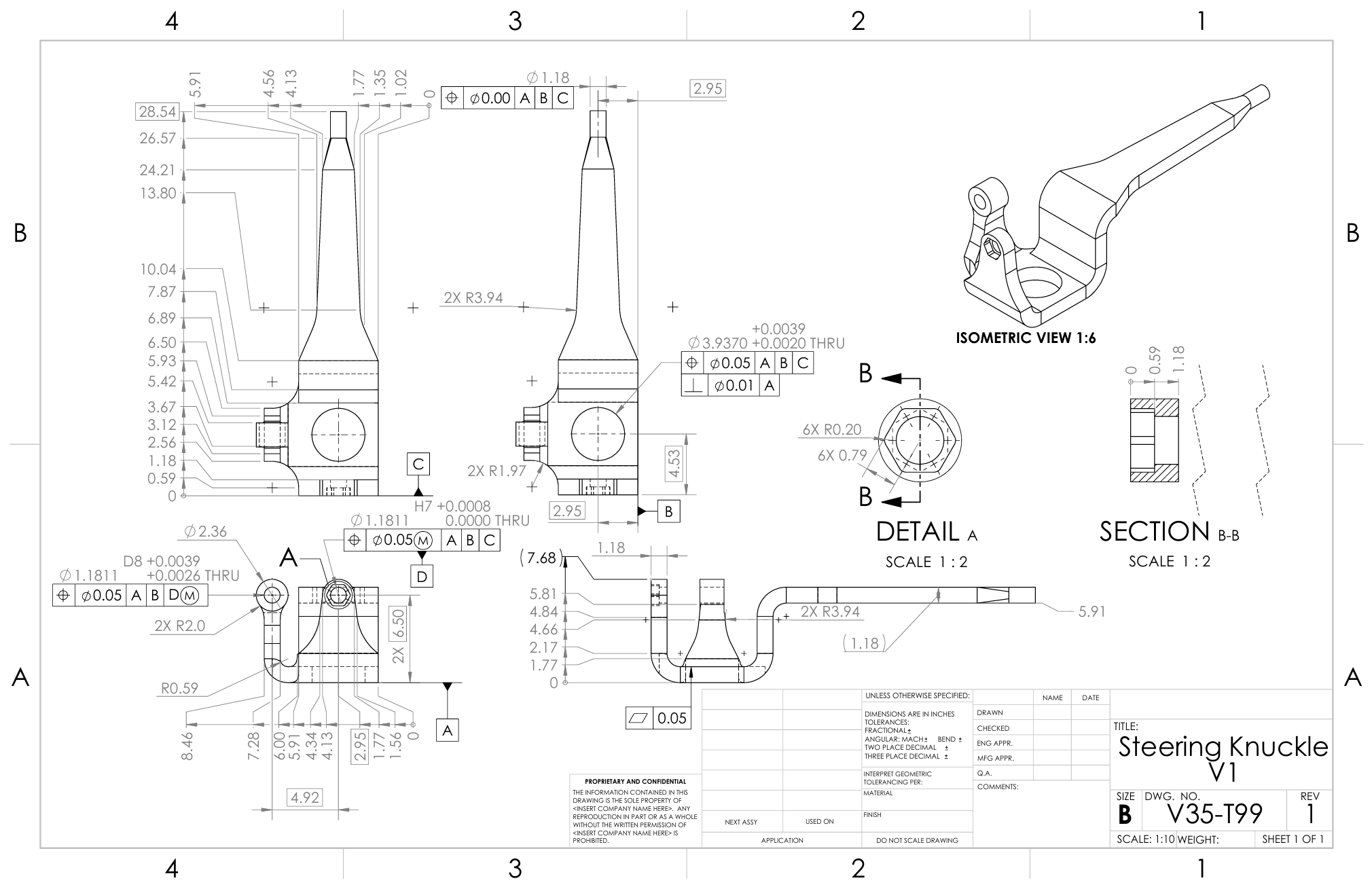 Steering knuckle engineering drawing with GD&T