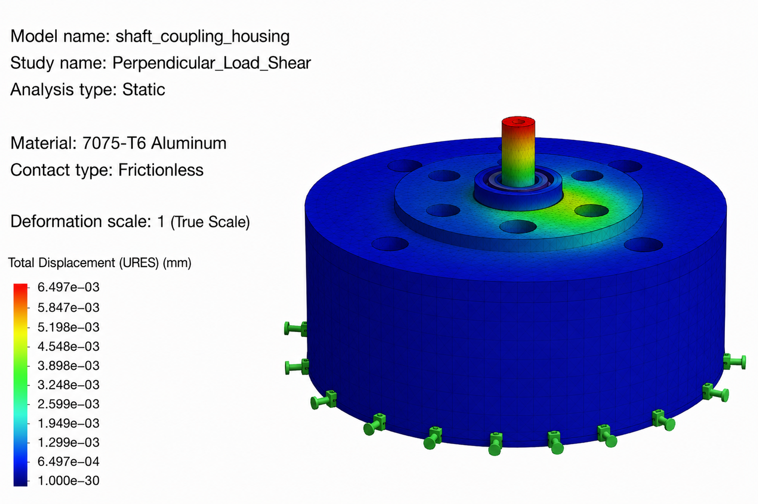 FEA displacement plot showing 6.5 micron max
