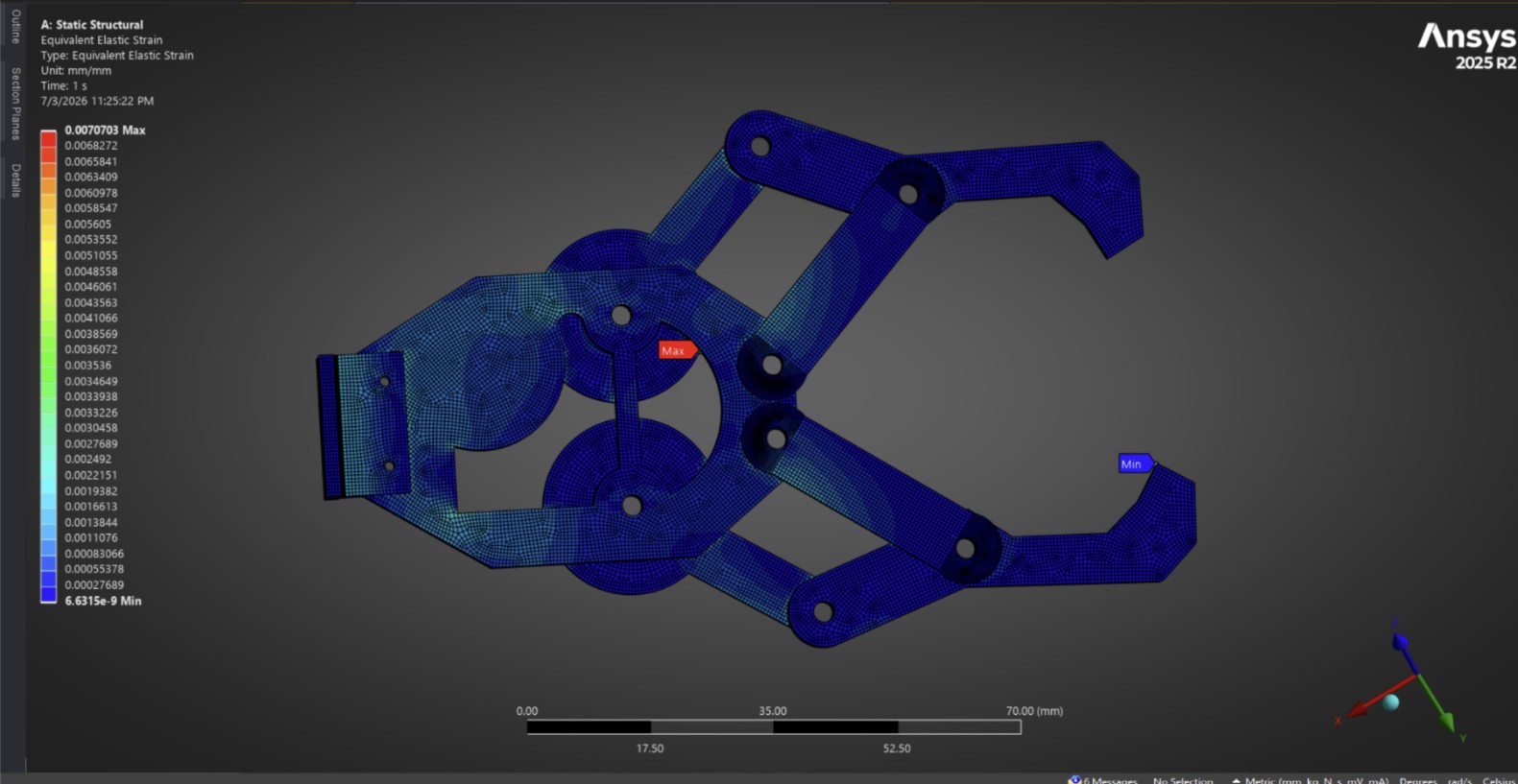 Final equivalent strain plot after linkage redesign